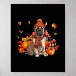 Bullmastiff Dog Fall Scarf Leopard Pumpkins Autumn Poster
