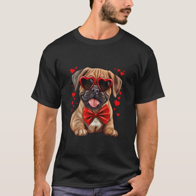 Bullmastiff Dog Hearts Sunglasses Red Bow Tie Vale T-Shirt (Front)
