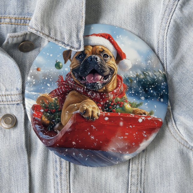 Bullmastiff Dog in Sledge Let it Snow Christmas 6 Cm Round Badge (In Situ)