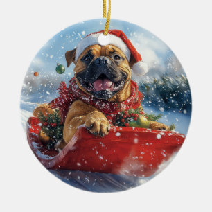 Bullmastiff Dog in Sledge Let it Snow Christmas Ceramic Ornament