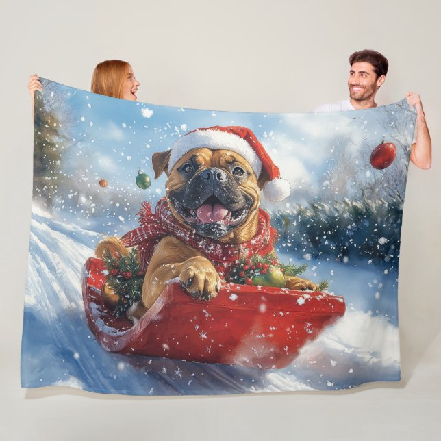 Bullmastiff Dog in Sledge Let it Snow Christmas Fleece Blanket (In Situ)