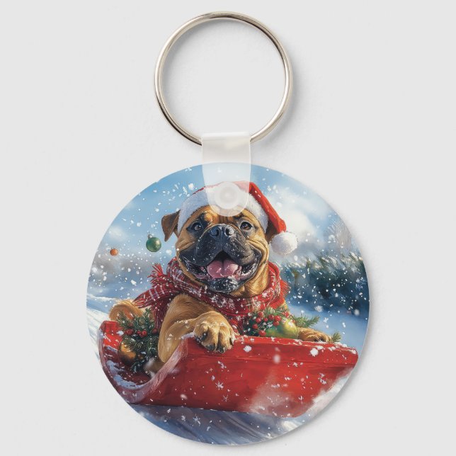 Bullmastiff Dog in Sledge Let it Snow Christmas Key Ring (Front)