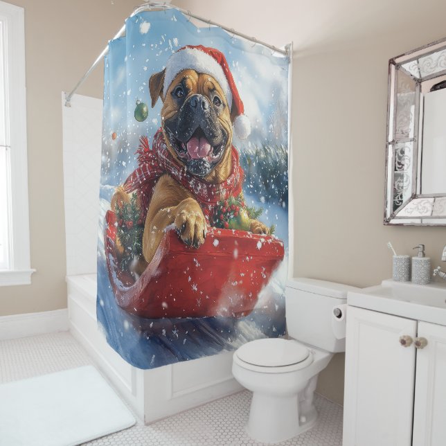 Bullmastiff Dog in Sledge Let it Snow Christmas Shower Curtain (In Situ)