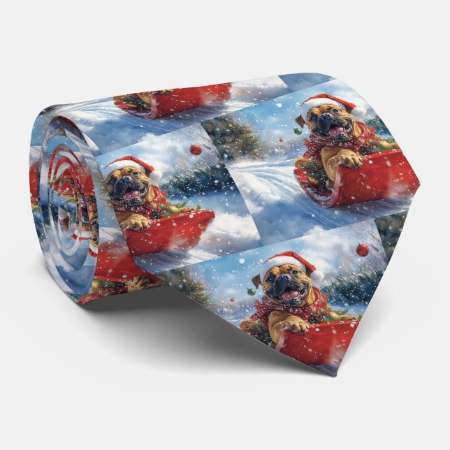 Bullmastiff Dog in Sledge Let it Snow Christmas Tie (Rolled)