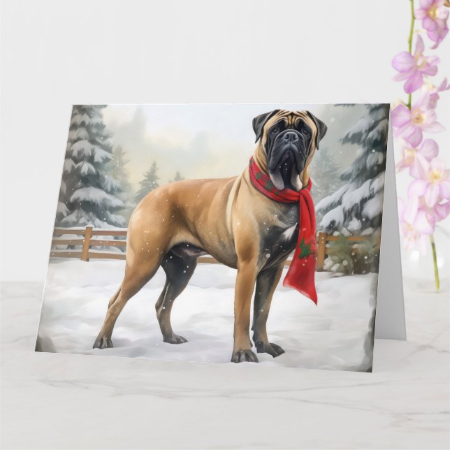 Bullmastiff Dog in Snow Christmas Card (Orchid)