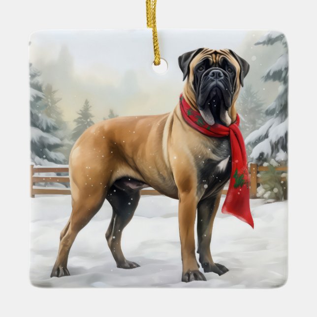 Bullmastiff Dog in Snow Christmas Ceramic Ornament (Front)