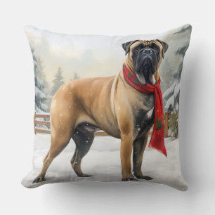 Bullmastiff Dog in Snow Christmas Cushion
