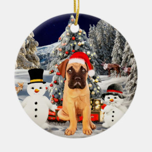 Bullmastiff Dog in snow Christmas Hat Lights Ceramic Ornament