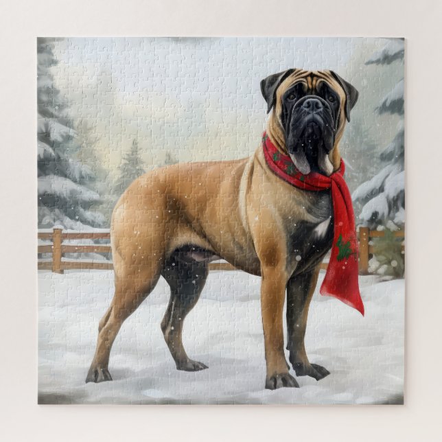 Bullmastiff Dog in Snow Christmas Jigsaw Puzzle (Vertical)