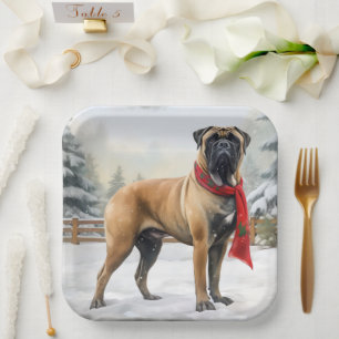 Bullmastiff Dog in Snow Christmas Paper Plate