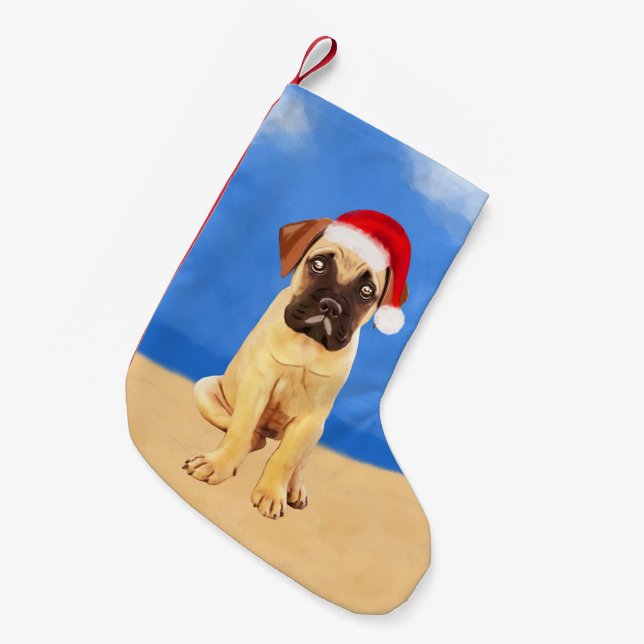 Bullmastiff Dog On Beach Christmas Hat Small Christmas Stocking (Front (Hanging))
