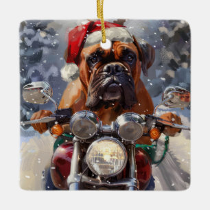 Bullmastiff Dog Riding Motorcycle Christmas  Ceramic Ornament