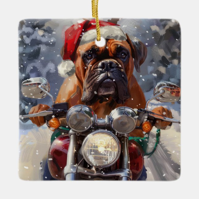 Bullmastiff Dog Riding Motorcycle Christmas  Ceramic Ornament (Front)