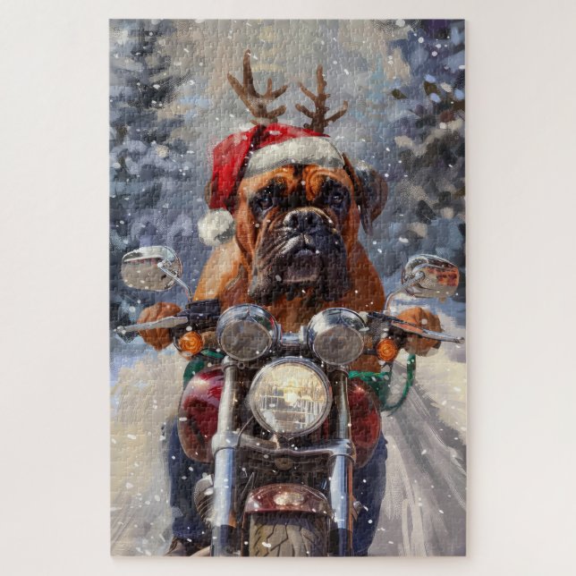 Bullmastiff Dog Riding Motorcycle Christmas  Jigsaw Puzzle (Vertical)