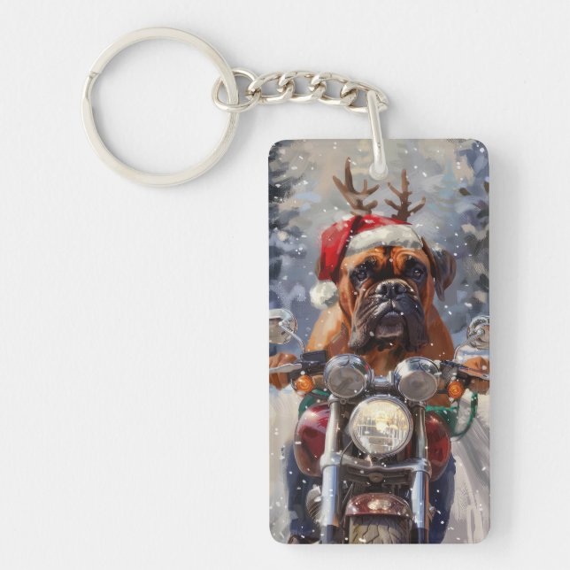 Bullmastiff Dog Riding Motorcycle Christmas  Key Ring (Front)