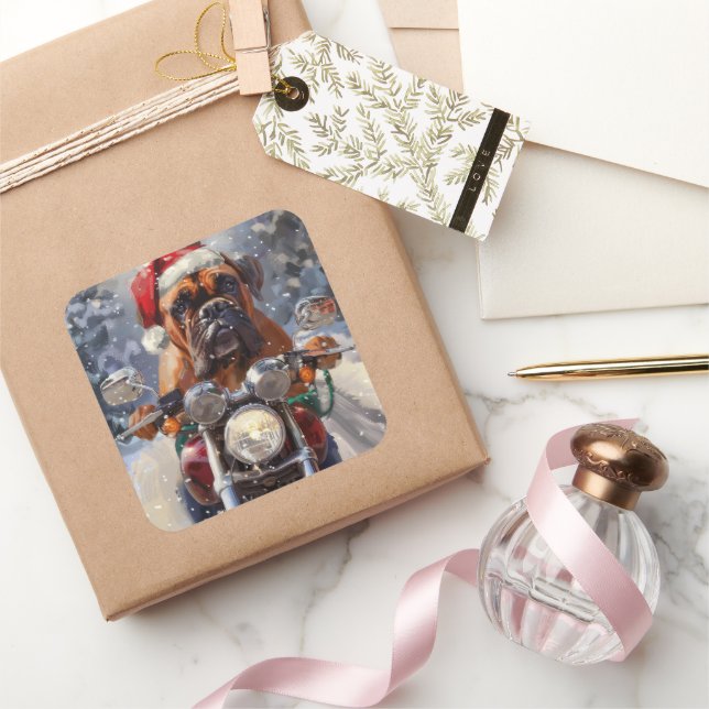 Bullmastiff Dog Riding Motorcycle Christmas  Square Sticker (Gifting)