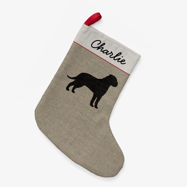Bullmastiff Dog Silhouette Faux Linen Holiday Small Christmas Stocking (Front (Hanging))