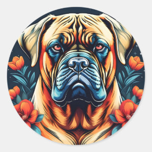 Bullmastiff Dog With Orange Flowers Classic Round Sticker
