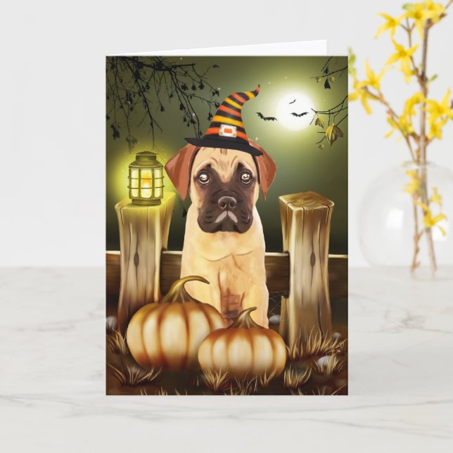 Bullmastiff Dog with Witch Hat Halloween Card (Yellow Flower)