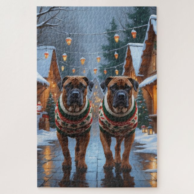 Bullmastiff Dogs Christmas Snow Holiday  Jigsaw Puzzle (Vertical)