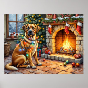Bullmastiff Fireplace with Christmas Lights Poster