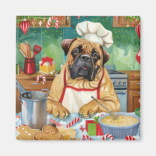 Bullmastiff Holiday Baking: Festive Christmas Magnet (Front)