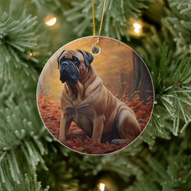 Bullmastiff  in Autumn Leaves Fall Inspire Ceramic Ornament (Tree)
