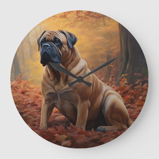 Bullmastiff  in Autumn Leaves Fall Inspire Large Clock (Front)