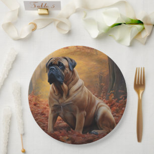 Bullmastiff in Autumn Leaves Fall Inspire Paper Plate