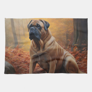 Bullmastiff in Autumn Leaves Fall Inspire Tea Towel