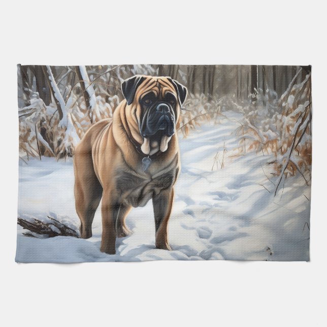 Bullmastiff Let It Snow Christmas Tea Towel (Horizontal)