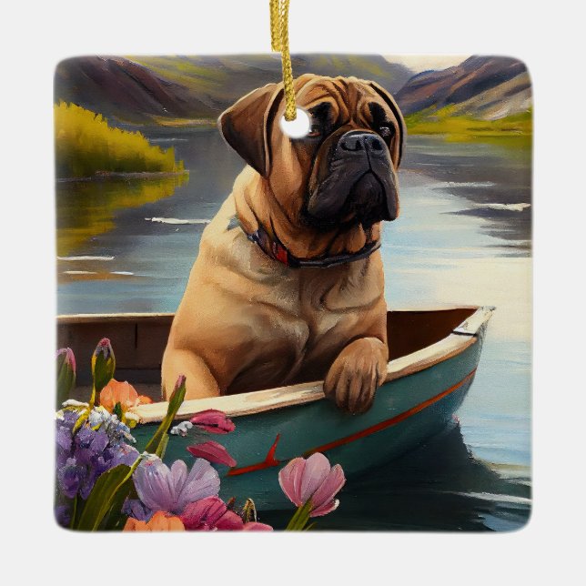 Bullmastiff on a Paddle: A Scenic Adventure Ceramic Ornament (Front)