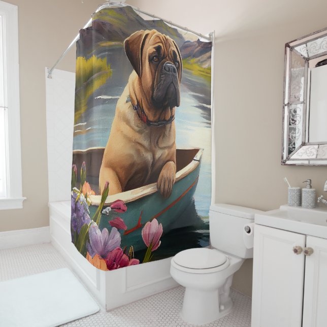 Bullmastiff on a Paddle: A Scenic Adventure Shower Curtain (In Situ)