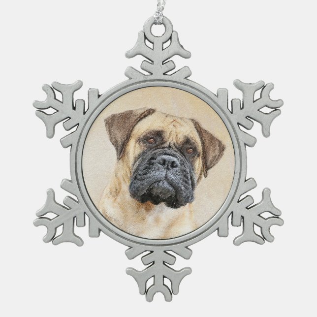 Bullmastiff Painting - Cute Original Dog Art Snowflake Pewter Christmas Ornament (Front)
