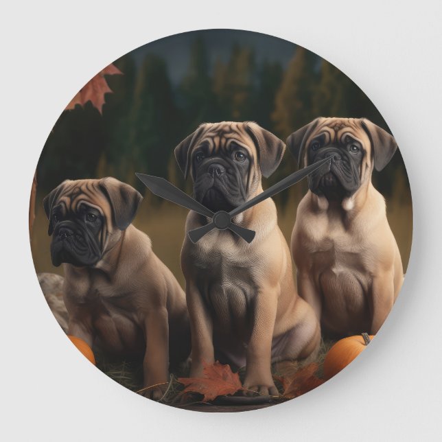 Bullmastiff  Puppy Autumn Delight Pumpkin Large Clock (Front)