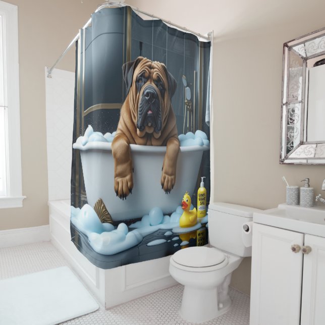 Bullmastiff Sloppy Sleepy Cute Funny Shower Curtain (In Situ)