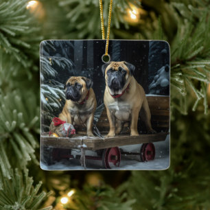 Bullmastiff Snowy Sleigh Christmas Decor  Ceramic Ornament