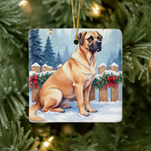 Bullmastiff Winter Forest Holly Christmas Art Ceramic Ornament