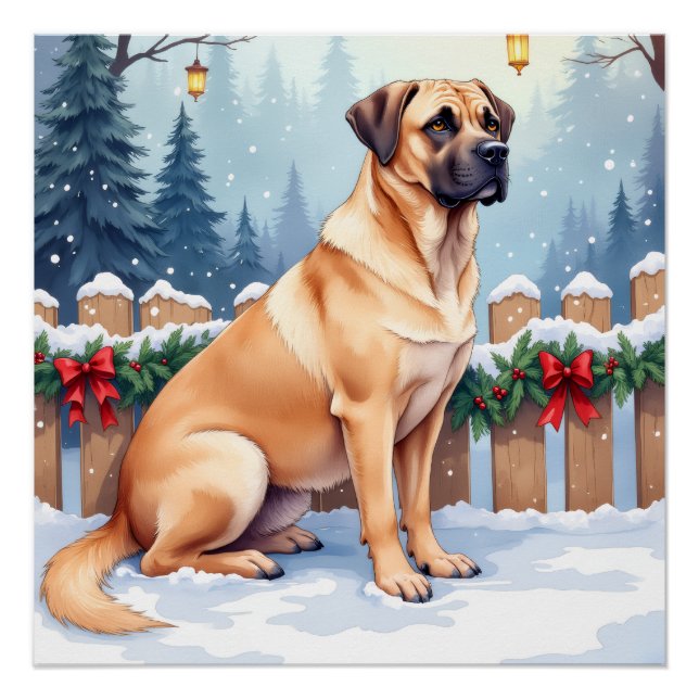 Bullmastiff Winter Forest Holly Christmas Art Poster (Front)