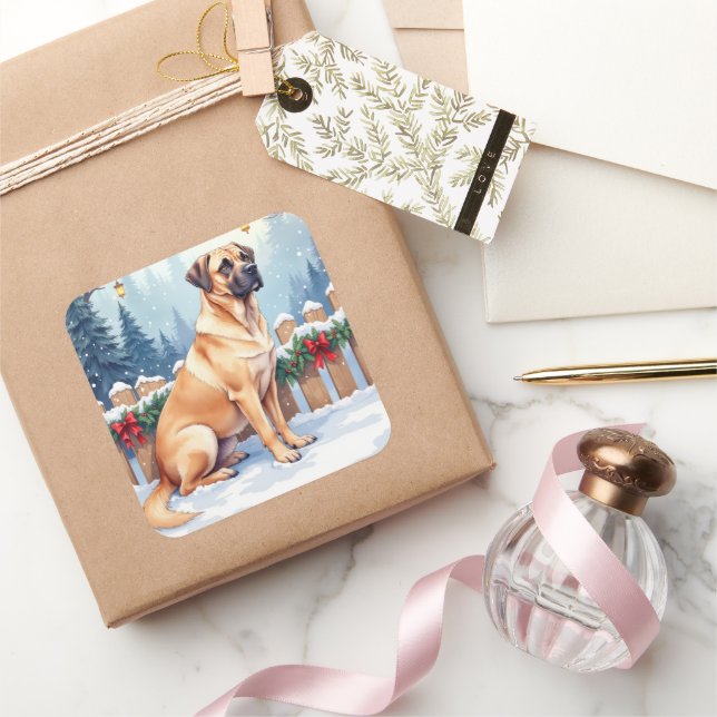 Bullmastiff Winter Forest Holly Christmas Art Square Sticker (Gifting)