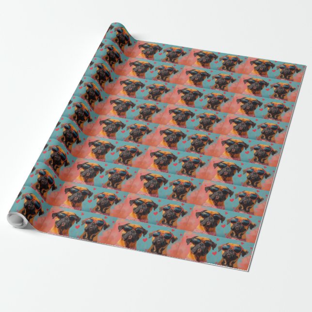 Bullmastiff With Heart Roses Valentine's Day  Wrapping Paper (Unrolled)