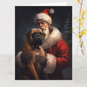 Bullmastiff With Santa Claus Festive Christmas  Card