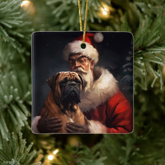 Bullmastiff With Santa Claus Festive Christmas  Ceramic Ornament (Tree)