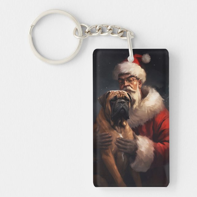 Bullmastiff With Santa Claus Festive Christmas  Key Ring (Front)