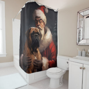 Bullmastiff With Santa Claus Festive Christmas Shower Curtain