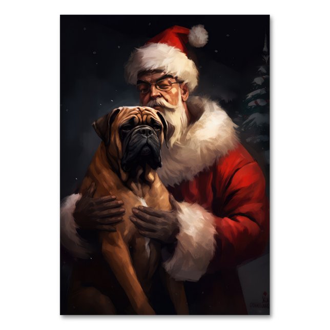 Bullmastiff With Santa Claus Festive Christmas  Table Number (Front)