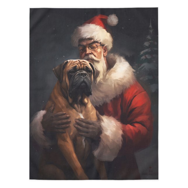Bullmastiff With Santa Claus Festive Christmas  Tablecloth (Front)