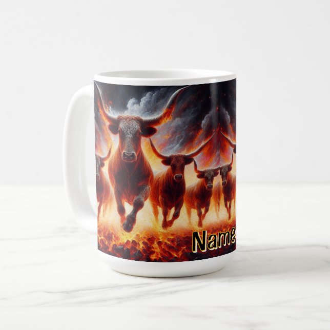Bulls Charging Through a Fiery Landscape Coffee Mug (Front Left)