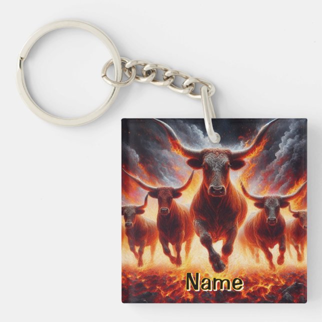 Bulls Charging Through a Fiery Landscape Key Ring (Front)