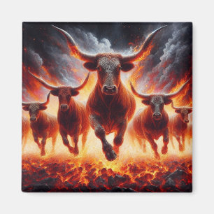 Bulls Charging Through a Fiery Landscape Magnet